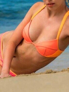 Victoria's Secret The Fabulous Scuba Colorblock Racerback Bikini Top Orange 34B